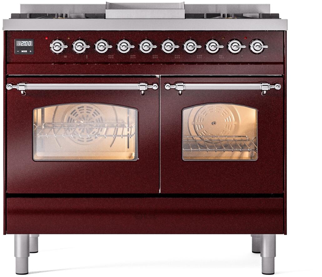 ILVE Nostalgie II 40-Inch Dual Fuel Freestanding Range in Burgundy with Chrome Trim (UPD40FNMPBUCLP)