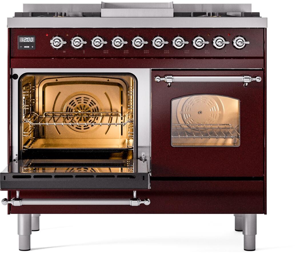 ILVE Nostalgie II 40-Inch Dual Fuel Freestanding Range in Burgundy with Chrome Trim (UPD40FNMPBUCLP)