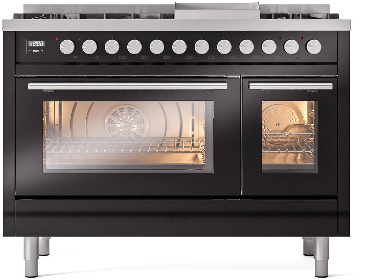 ILVE 48-Inch Professional Plus II Freestanding Propane Gas Dual Fuel Range with 8 Sealed Burner in Glossy Black (UP48FWMPBKLP)