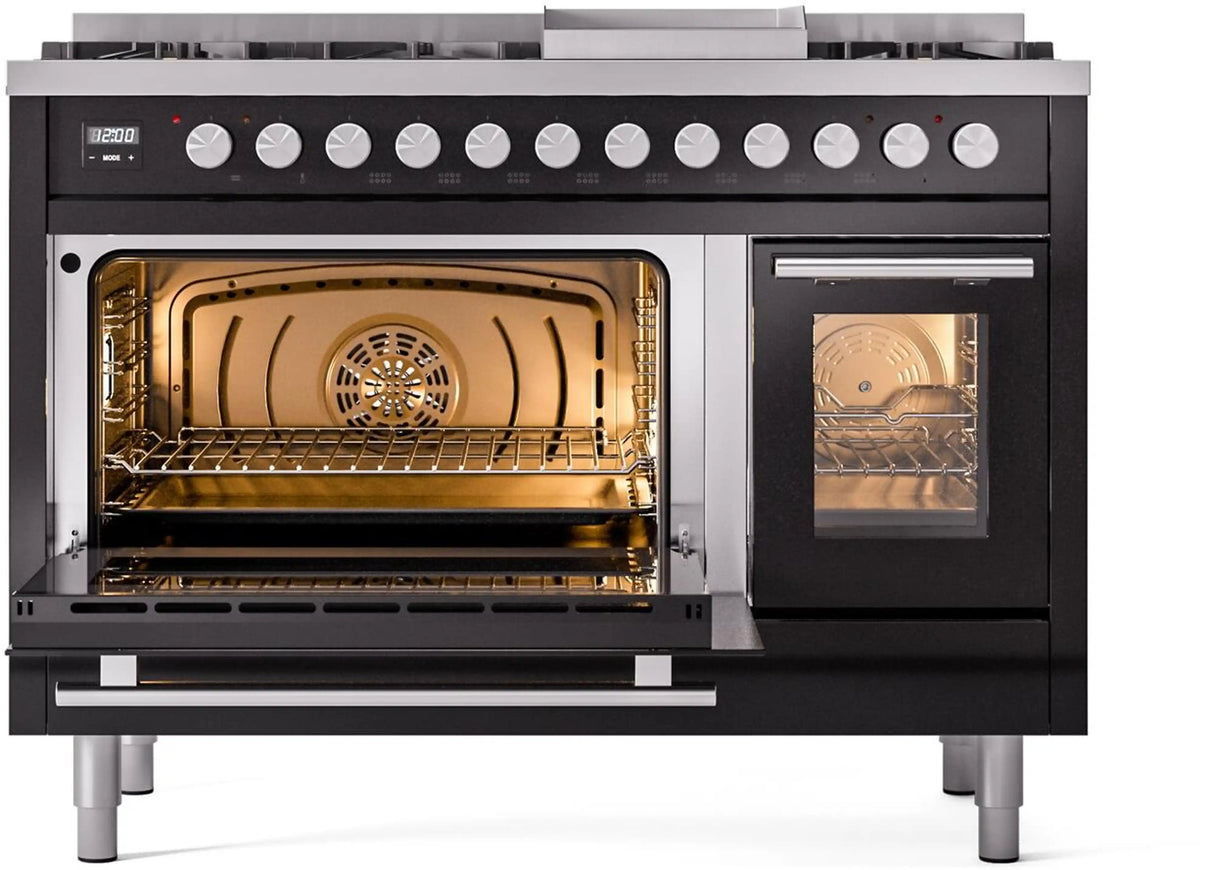 ILVE 48-Inch Professional Plus II Freestanding Propane Gas Dual Fuel Range with 8 Sealed Burner in Glossy Black (UP48FWMPBKLP)