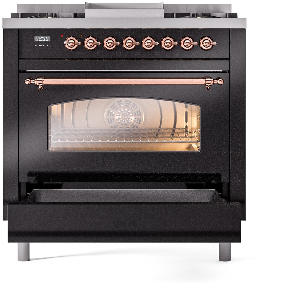 ILVE Nostalgie II 36-Inch Dual Fuel Freestanding Range in Glossy Black with Copper Trim (UP36FNMPBKPLP)