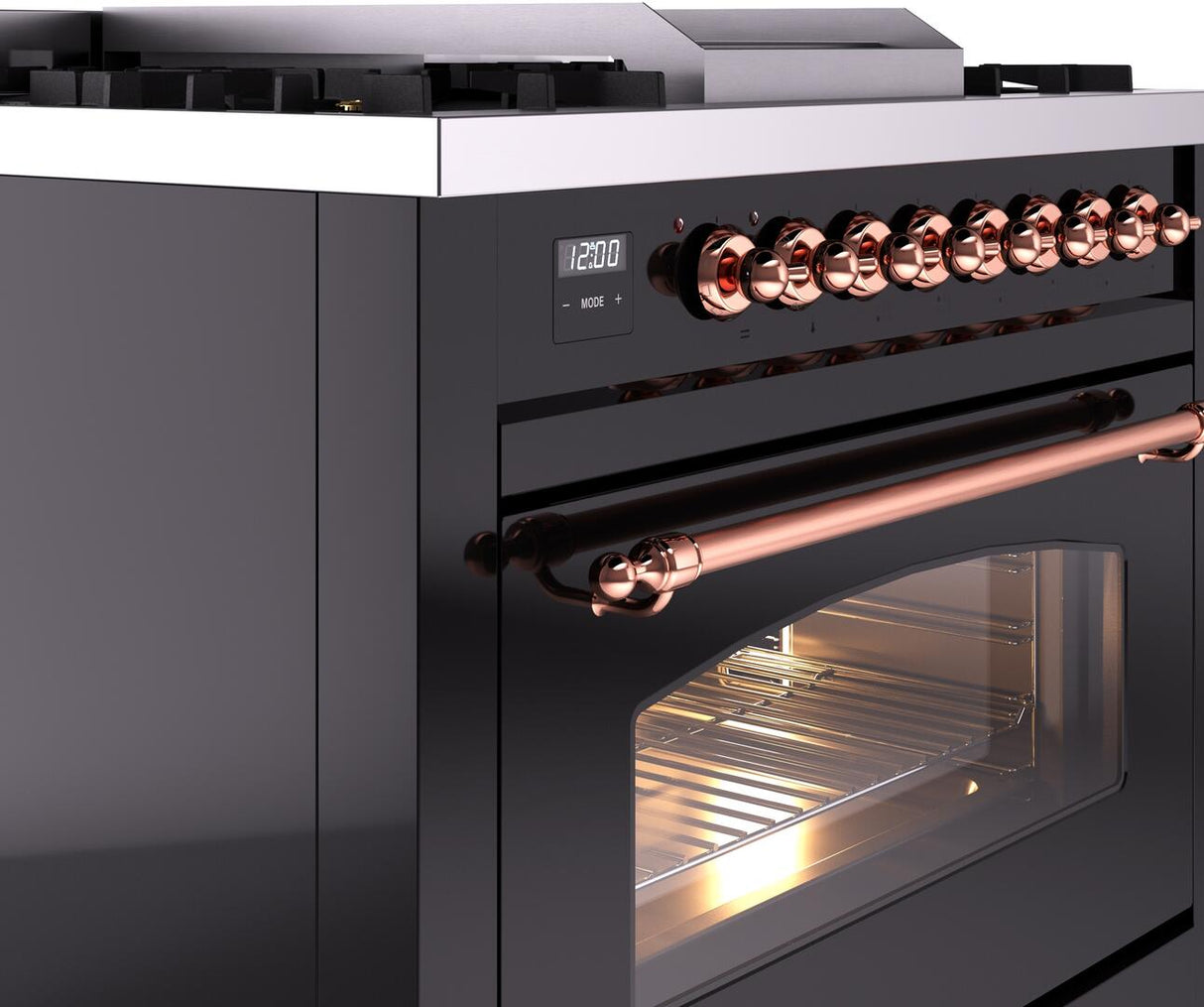 ILVE Nostalgie II 36-Inch Dual Fuel Freestanding Range in Glossy Black with Copper Trim (UP36FNMPBKPLP)