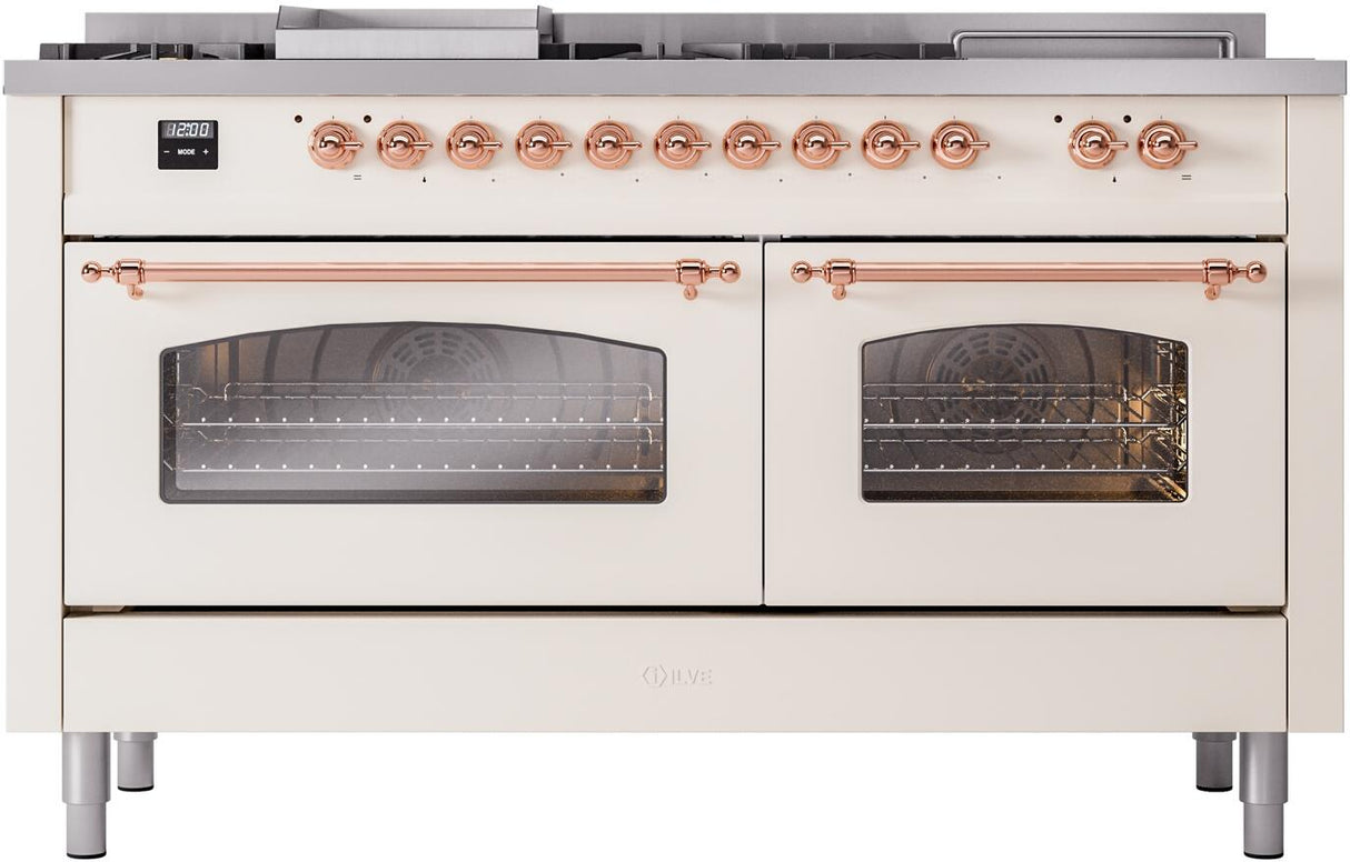 ILVE Nostalgie II 60-Inch Natural Gas Dual Fuel Range with 7 Burners, Griddle, & French Top with Triple Glass Door Oven in Antique White with Copper Trim (UP60FSNMPAWP)