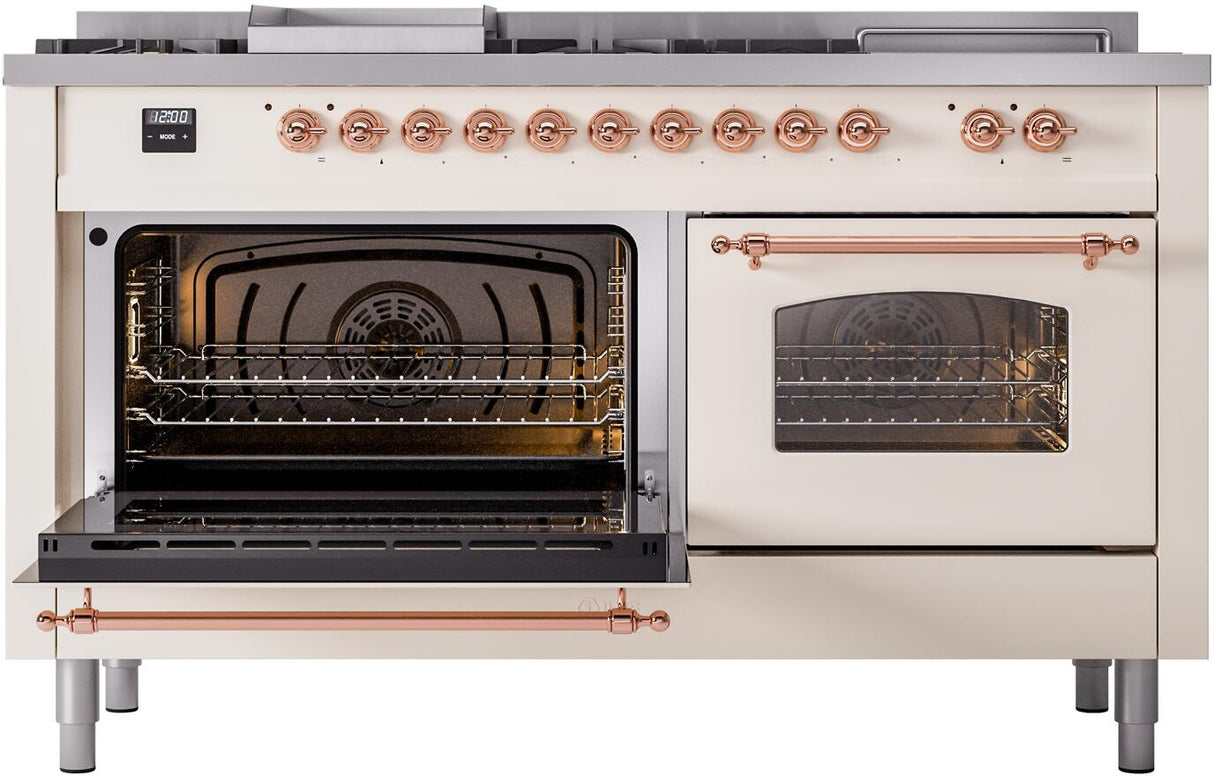 ILVE Nostalgie II 60-Inch Natural Gas Dual Fuel Range with 7 Burners, Griddle, & French Top with Triple Glass Door Oven in Antique White with Copper Trim (UP60FSNMPAWP)