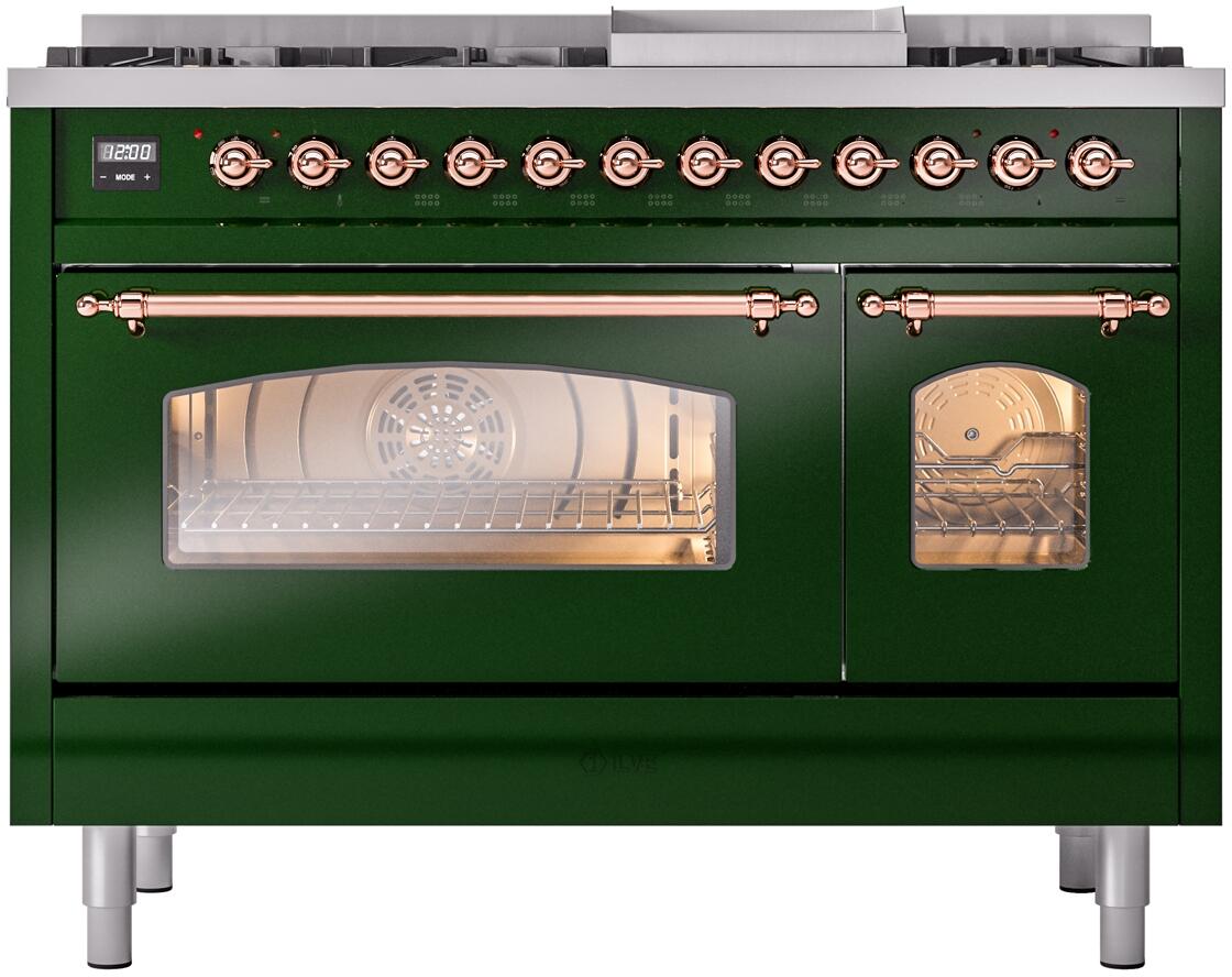 ILVE Nostalgie II 48-Inch Dual Fuel Freestanding Range in Emerald Green with Copper Trim (UP48FNMPEGPLP)