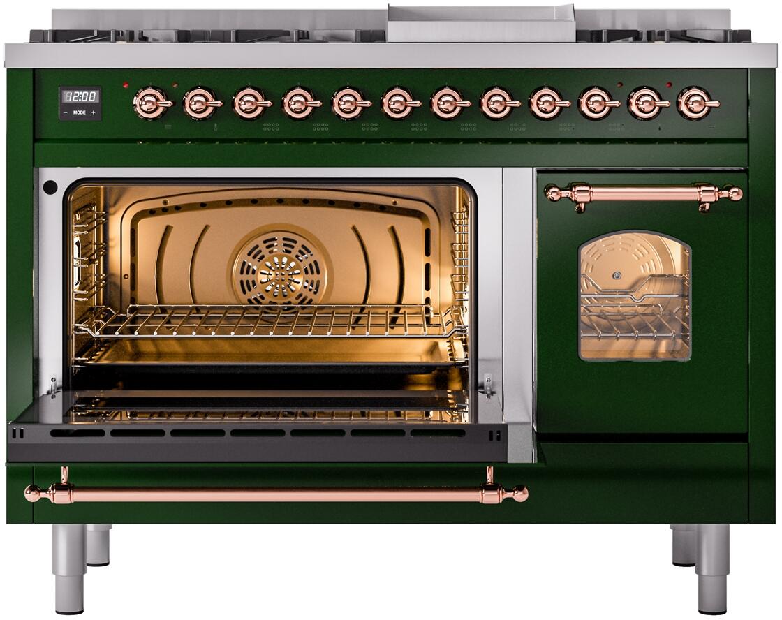 ILVE Nostalgie II 48-Inch Dual Fuel Freestanding Range in Emerald Green with Copper Trim (UP48FNMPEGPLP)