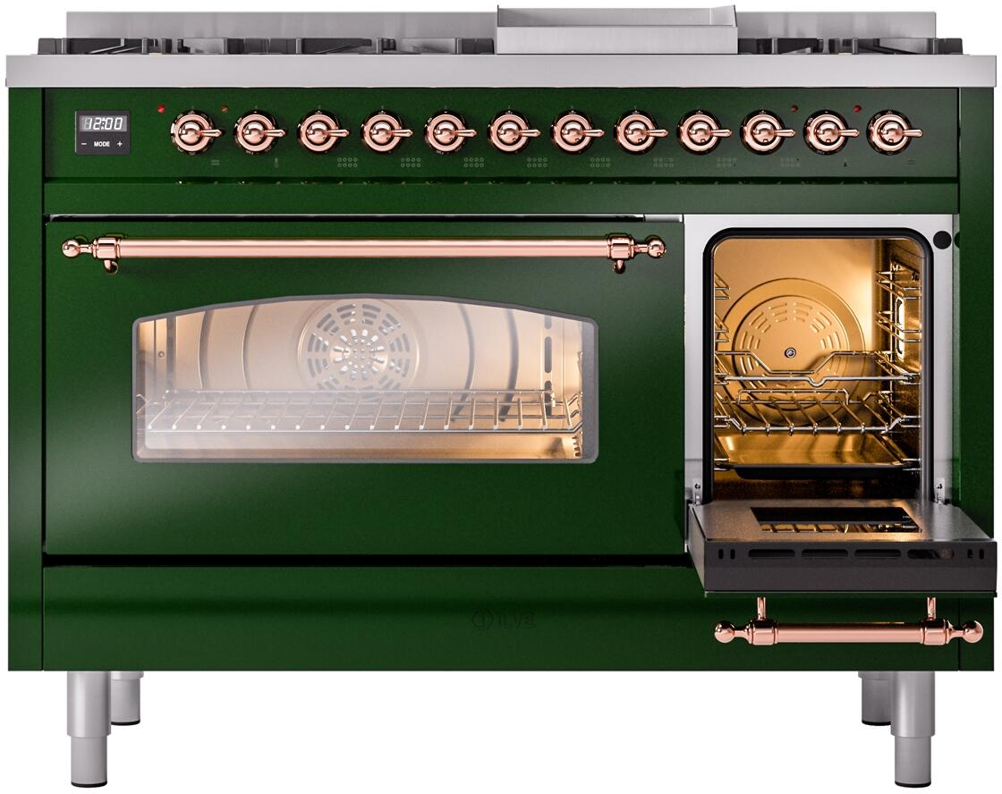 ILVE Nostalgie II 48-Inch Dual Fuel Freestanding Range in Emerald Green with Copper Trim (UP48FNMPEGPLP)
