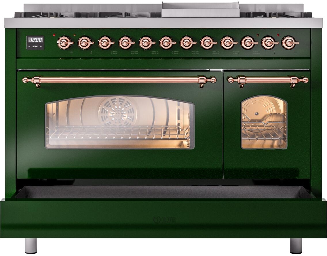 ILVE Nostalgie II 48-Inch Dual Fuel Freestanding Range in Emerald Green with Copper Trim (UP48FNMPEGPLP)