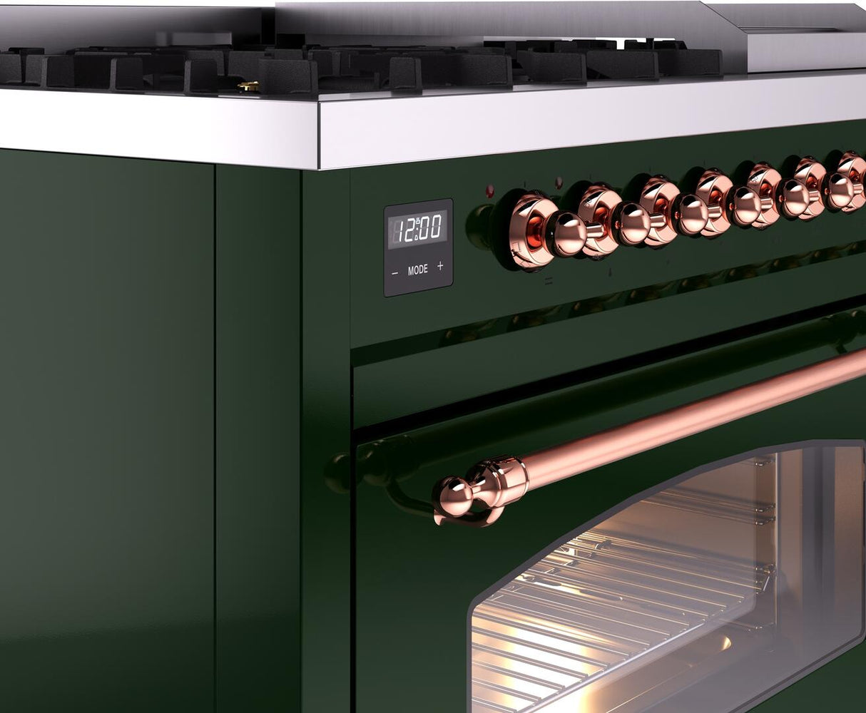 ILVE Nostalgie II 48-Inch Dual Fuel Freestanding Range in Emerald Green with Copper Trim (UP48FNMPEGPLP)