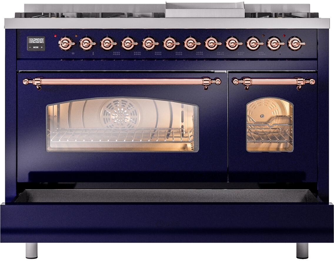 ILVE Nostalgie II 48-Inch Dual Fuel Freestanding Range in Midnight Blue with Copper Trim (UP48FNMPMBPLP)