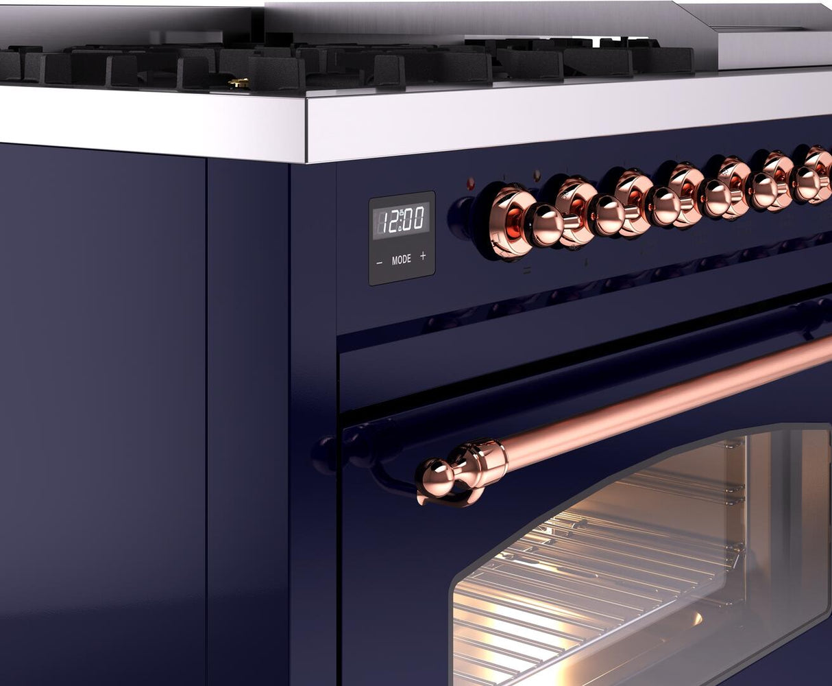 ILVE Nostalgie II 48-Inch Dual Fuel Freestanding Range in Midnight Blue with Copper Trim (UP48FNMPMBPLP)