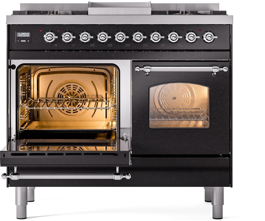 ILVE Nostalgie II 40-Inch Freestanding Natural Gas Dual Fuel Range in Glossy Black with Chrome Trim (UPD40FNMPBKC)
