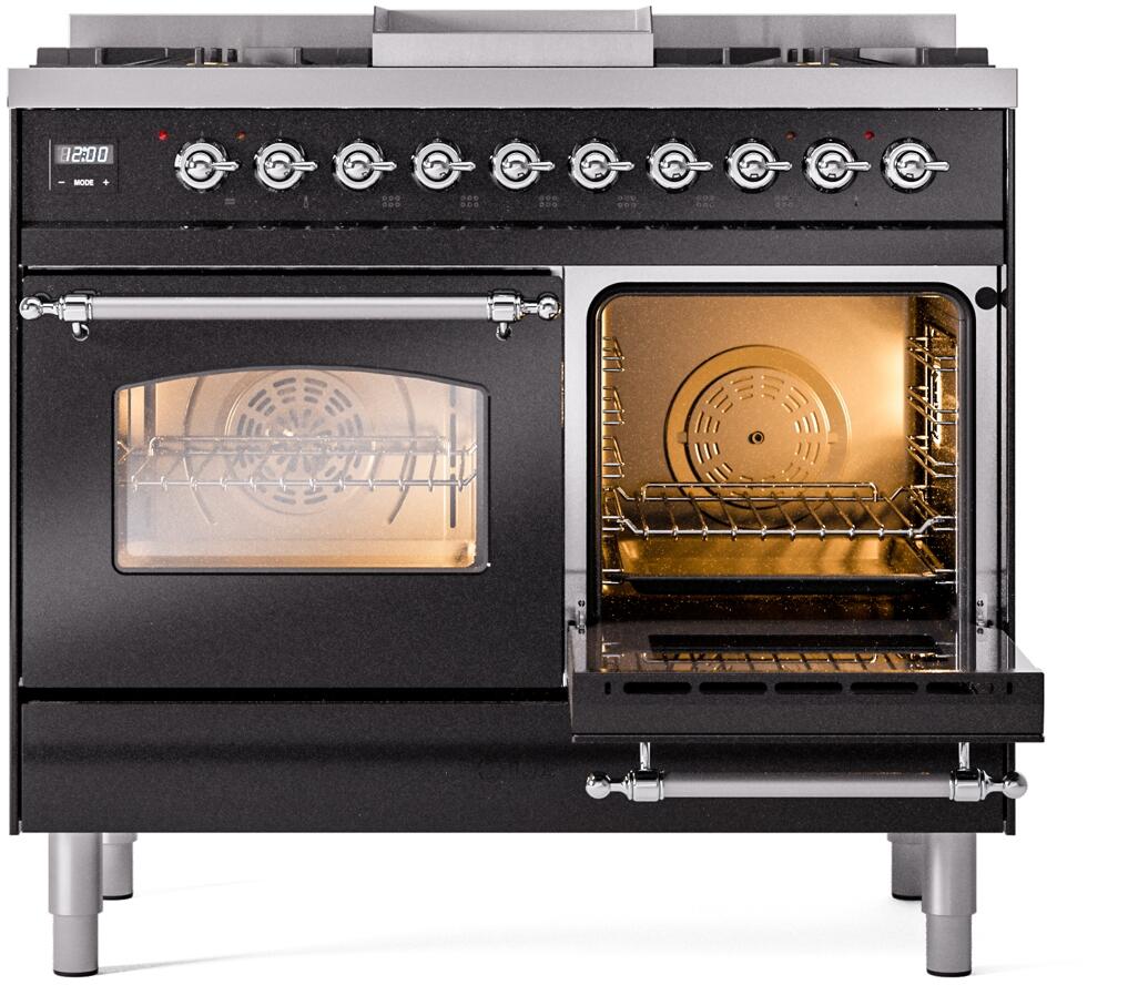 ILVE Nostalgie II 40-Inch Freestanding Natural Gas Dual Fuel Range in Glossy Black with Chrome Trim (UPD40FNMPBKC)
