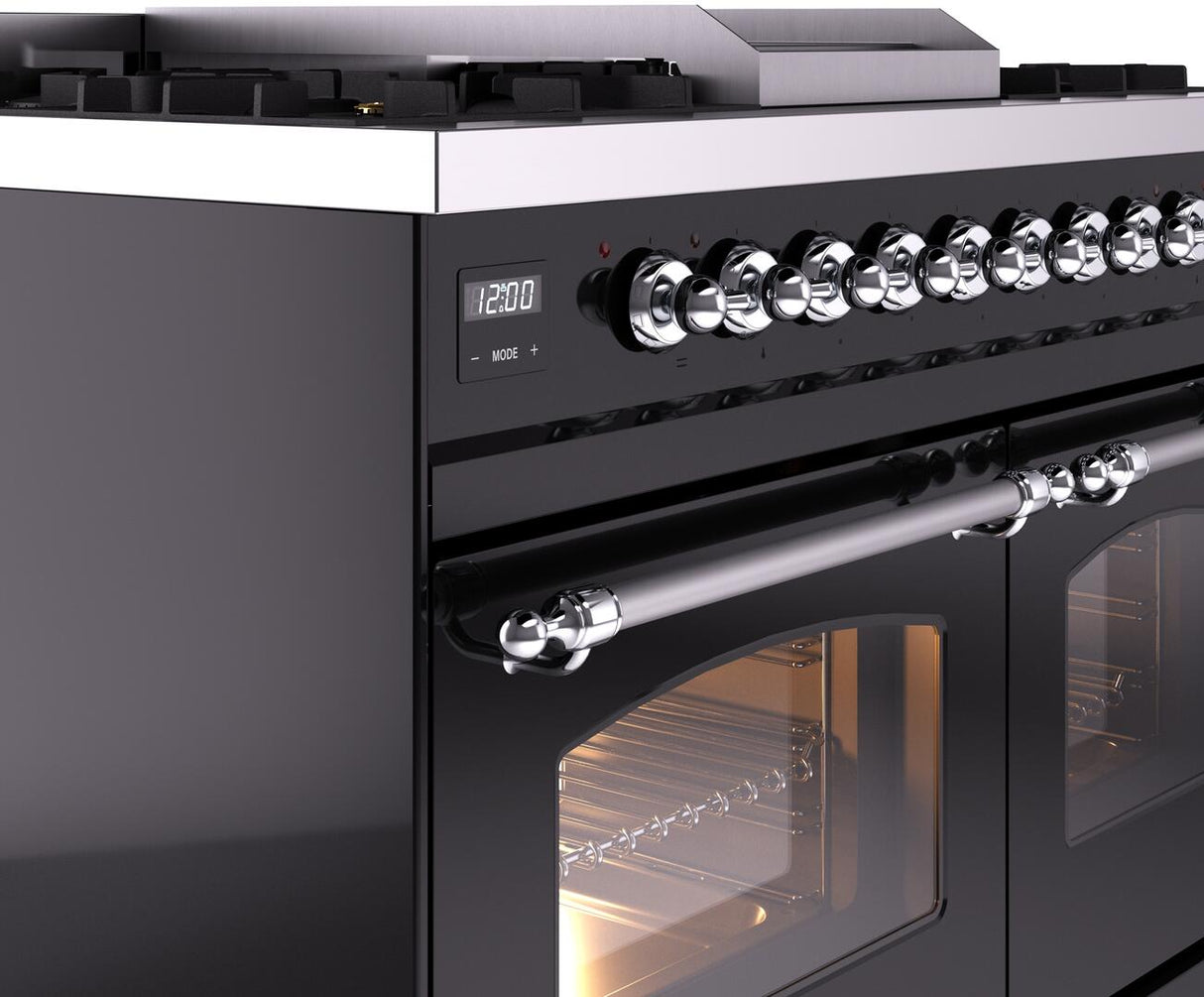 ILVE Nostalgie II 40-Inch Freestanding Natural Gas Dual Fuel Range in Glossy Black with Chrome Trim (UPD40FNMPBKC)