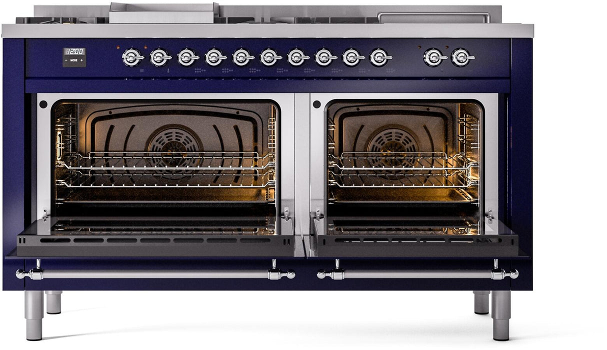 ILVE Nostalgie II 60-Inch Propane Gas Dual Fuel Range with 7 Burners, Griddle, & French Top with Triple Glass Door Oven in Midnight Blue with Chrome Trim (UP60FSNMPMBCLP)
