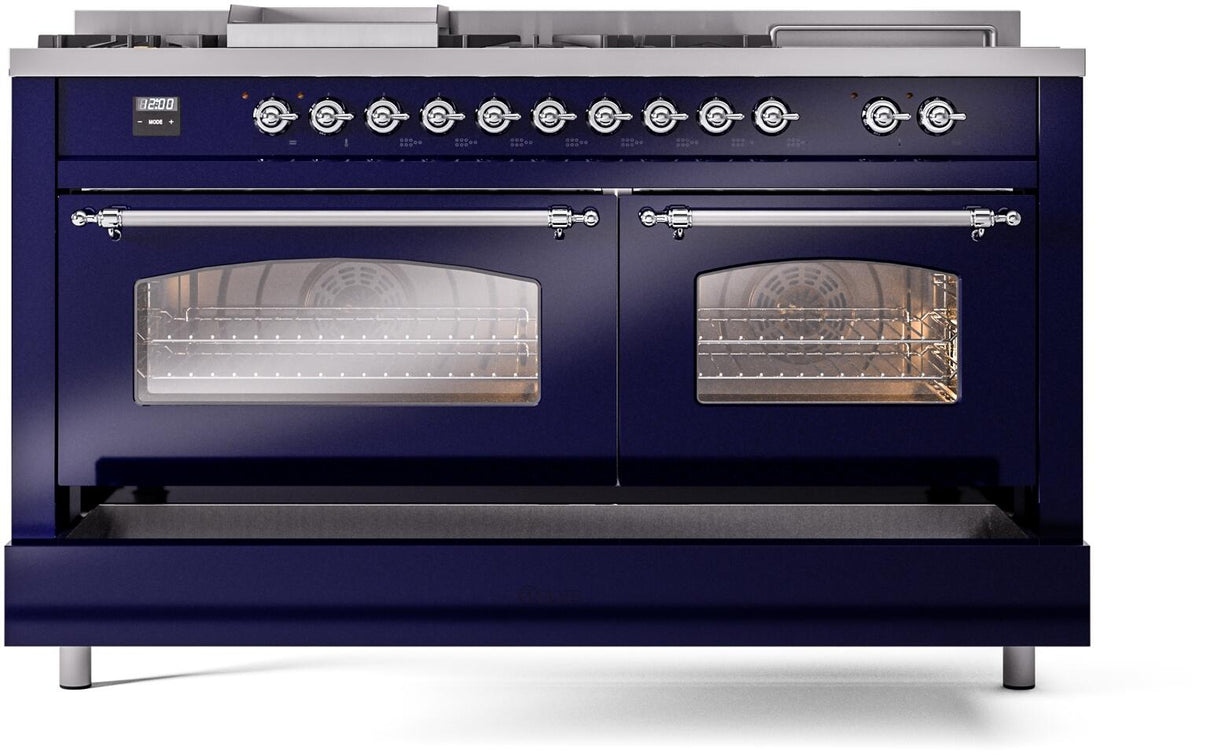 ILVE Nostalgie II 60-Inch Dual Fuel Range with 7 Burners, Griddle, & French Top with Triple Glass Door Oven in Midnight Blue with Chrome Trim (UP60FSNMPMBC)