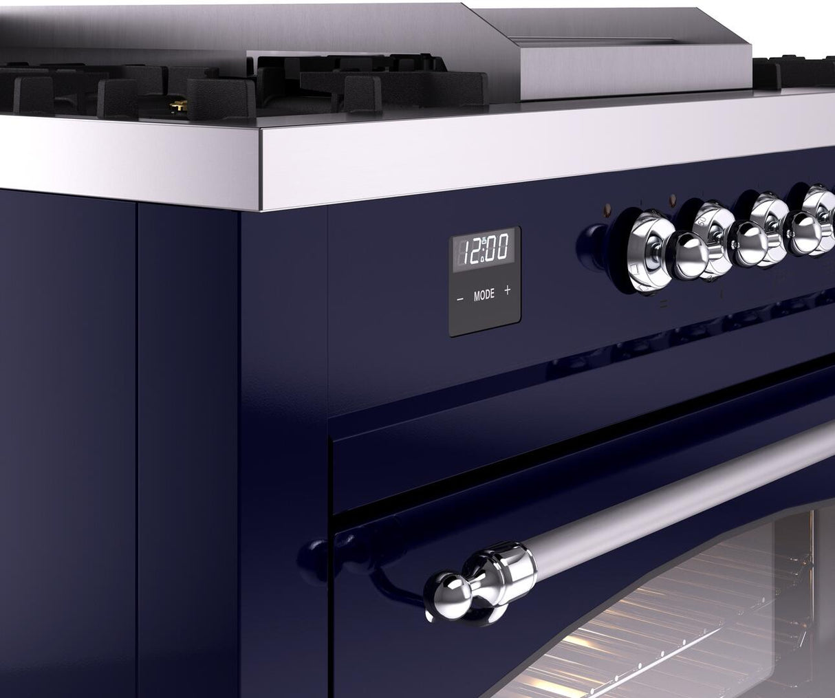 ILVE Nostalgie II 60-Inch Dual Fuel Range with 7 Burners, Griddle, & French Top with Triple Glass Door Oven in Midnight Blue with Chrome Trim (UP60FSNMPMBC)