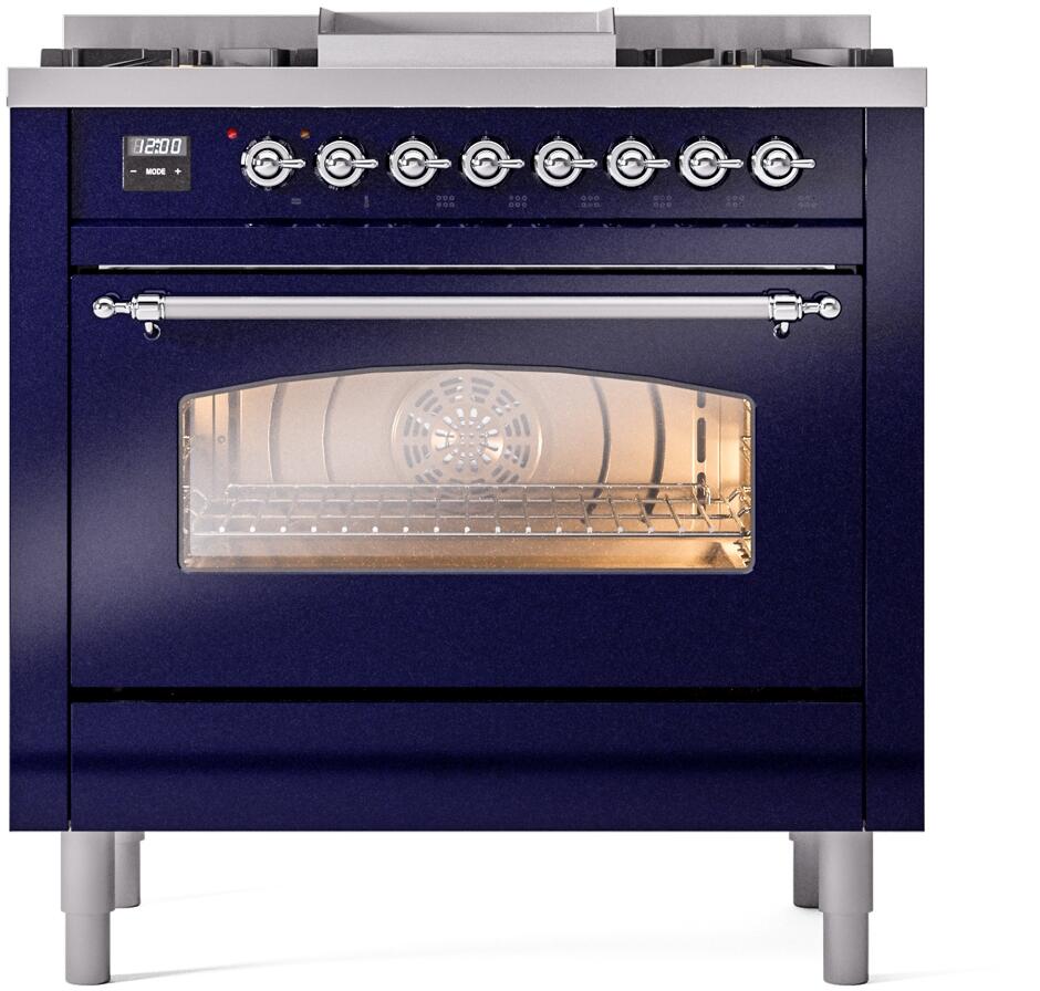 ILVE Nostalgie II 36-Inch Dual Fuel Freestanding Range in Midnight Blue with Chrome Trim (UP36FNMPMBCLP)
