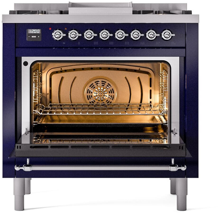 ILVE Nostalgie II 36-Inch Dual Fuel Freestanding Range in Midnight Blue with Chrome Trim (UP36FNMPMBCLP)