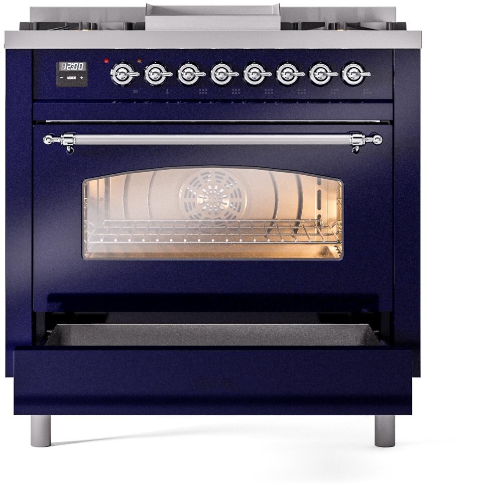 ILVE Nostalgie II 36-Inch Dual Fuel Freestanding Range in Midnight Blue with Chrome Trim (UP36FNMPMBCLP)