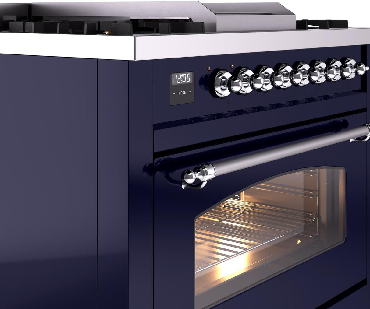 ILVE Nostalgie II 36-Inch Dual Fuel Freestanding Range in Midnight Blue with Chrome Trim (UP36FNMPMBCLP)