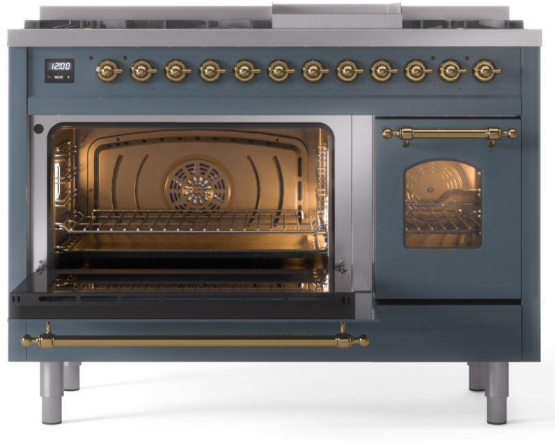 ILVE Nostalgie II 48-Inch Freestanding Natural Gas Dual Fuel Range in Blue Grey with Brass Trim (UP48FNMPBGG)