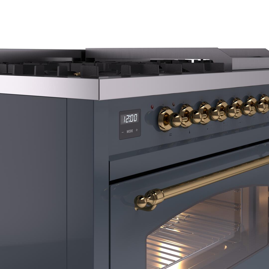 ILVE Nostalgie II 48-Inch Freestanding Natural Gas Dual Fuel Range in Blue Grey with Brass Trim (UP48FNMPBGG)