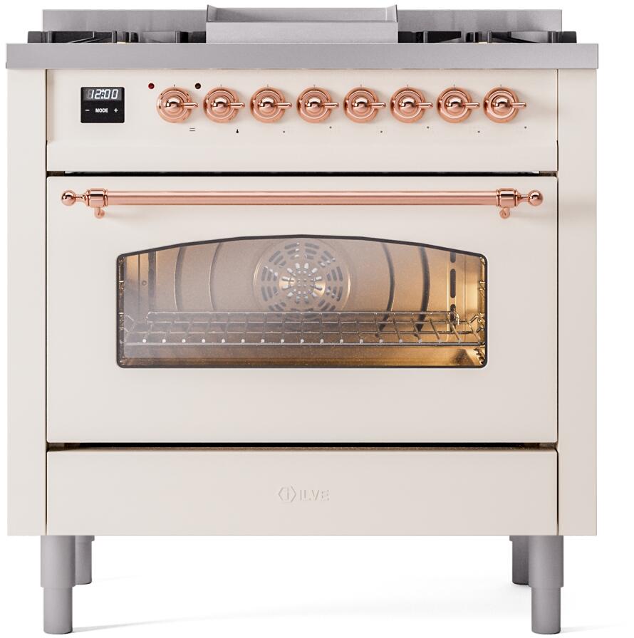 ILVE Nostalgie II 36-Inch Freestanding Natural Gas Dual Fuel Range in Antique White with Copper Trim (UP36FNMPAWP)