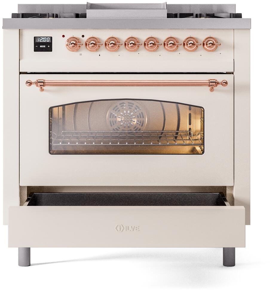 ILVE Nostalgie II 36-Inch Freestanding Natural Gas Dual Fuel Range in Antique White with Copper Trim (UP36FNMPAWP)