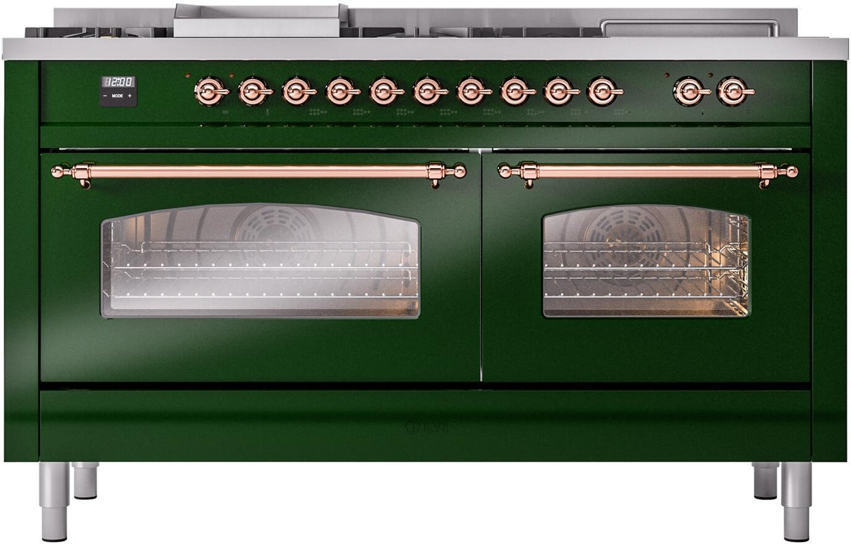 ILVE Nostalgie II 60-Inch Natural Gas Dual Fuel Range with 7 Burners, Griddle, & French Top with Triple Glass Door Oven in Emerald Green with Copper Trim (UP60FSNMPEGP)