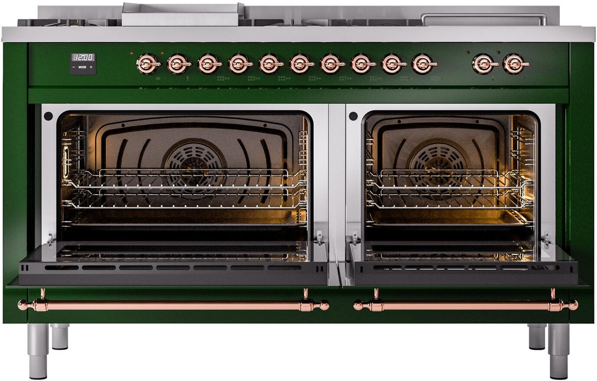 ILVE Nostalgie II 60-Inch Natural Gas Dual Fuel Range with 7 Burners, Griddle, & French Top with Triple Glass Door Oven in Emerald Green with Copper Trim (UP60FSNMPEGP)