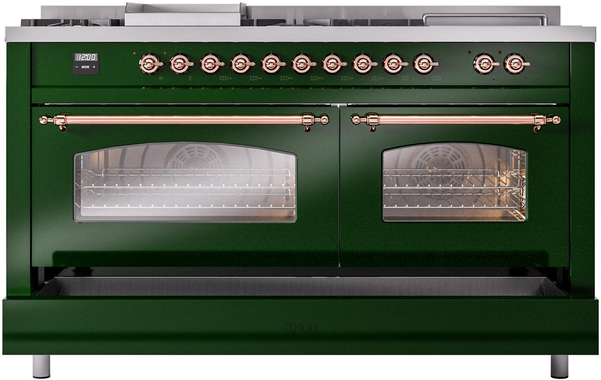 ILVE Nostalgie II 60-Inch Natural Gas Dual Fuel Range with 7 Burners, Griddle, & French Top with Triple Glass Door Oven in Emerald Green with Copper Trim (UP60FSNMPEGP)