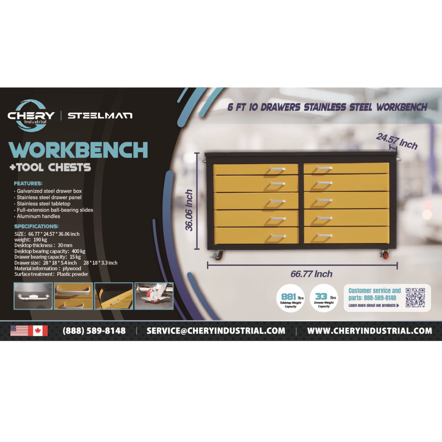 6ft Heavy Duty Mobile Workbench with 10 Drawers