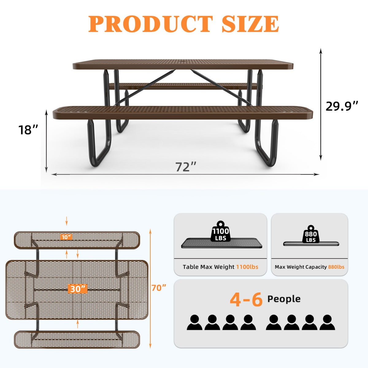 6ft Rectangle Picnic Table With Umbrella Hole