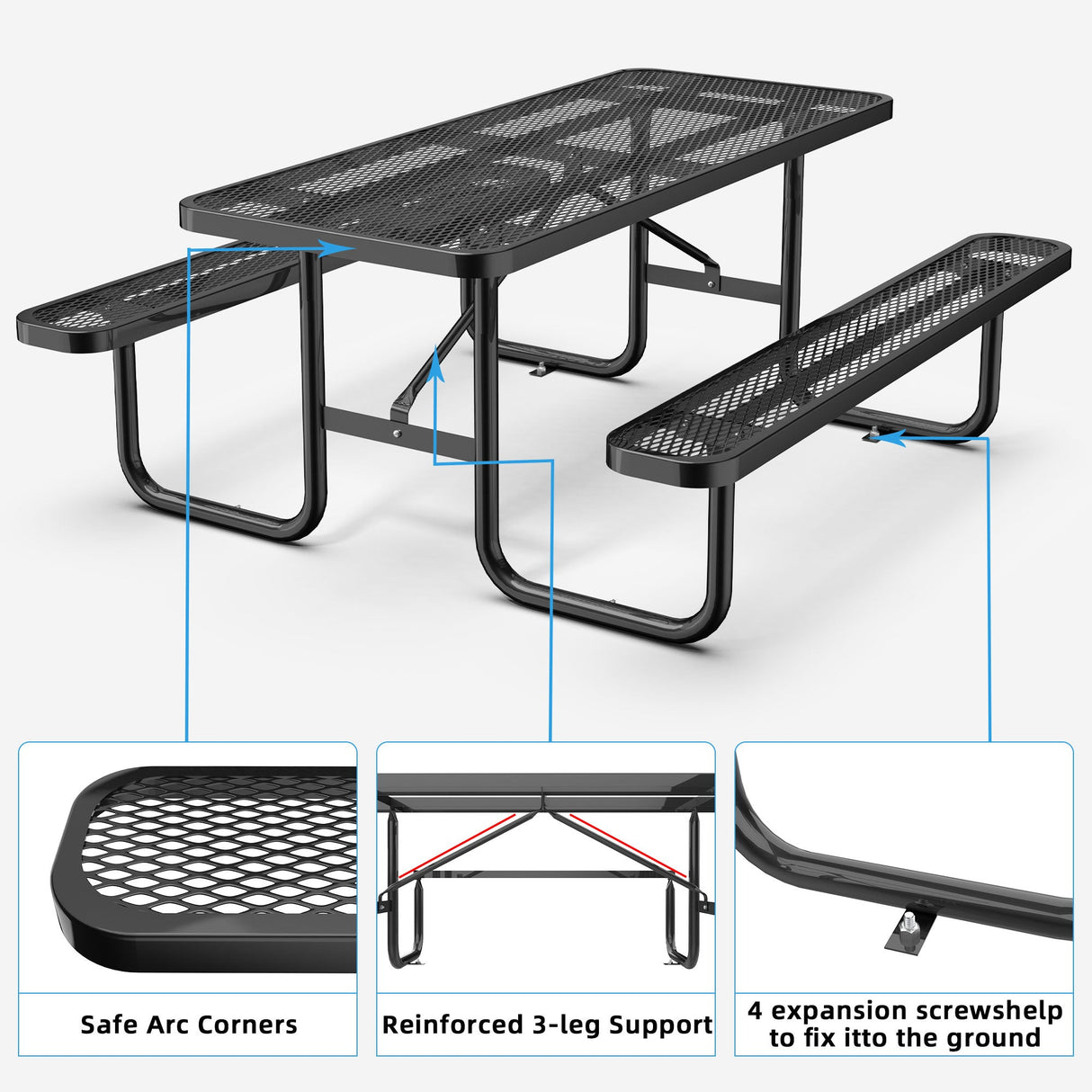 6 ft Metal Picnic Tables for Outdoors, Rectangle Coated Steel Patio Furniture Set