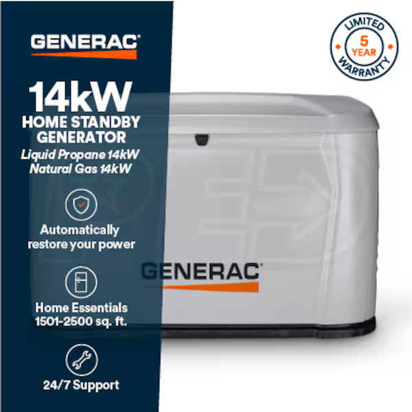 Generac- 14kW Air-Cooled Standby Generator + Cellular, Wi-Fi & Bluetooth Connectivity 7258
