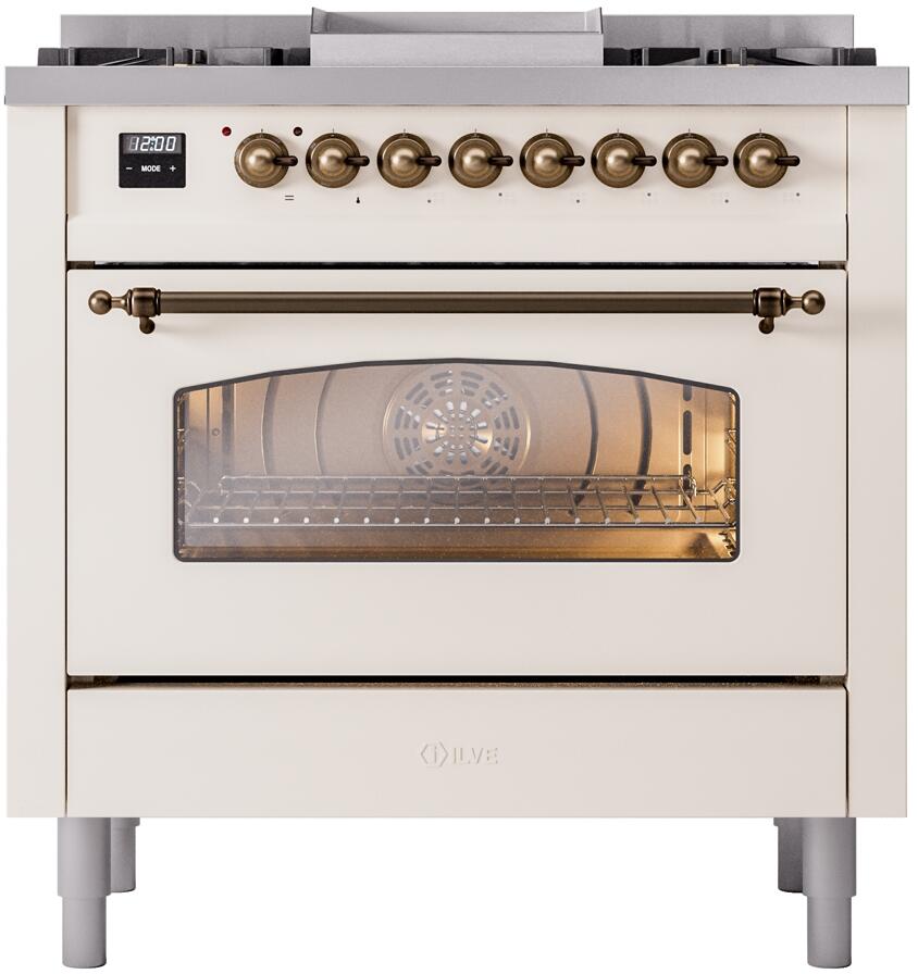 ILVE Nostalgie II 36-Inch Dual Fuel Freestanding Range in Antique White with Bronze Trim (UP36FNMPAWBLP)