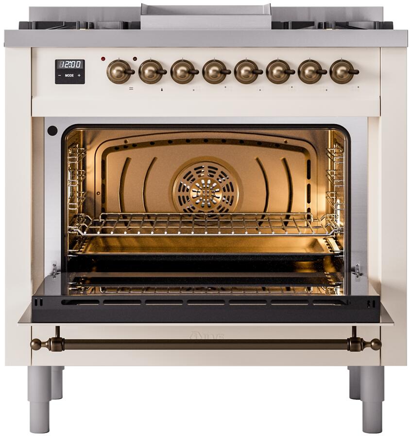 ILVE Nostalgie II 36-Inch Dual Fuel Freestanding Range in Antique White with Bronze Trim (UP36FNMPAWBLP)