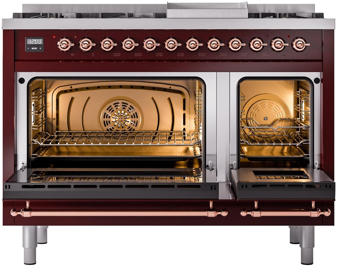 ILVE Nostalgie II 48-Inch Freestanding Natural Gas Dual Fuel Range in Burgundy with Copper Trim (UP48FNMPBUP)