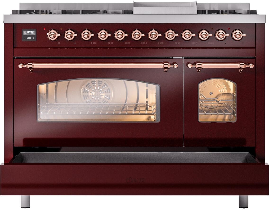 ILVE Nostalgie II 48-Inch Freestanding Natural Gas Dual Fuel Range in Burgundy with Copper Trim (UP48FNMPBUP)