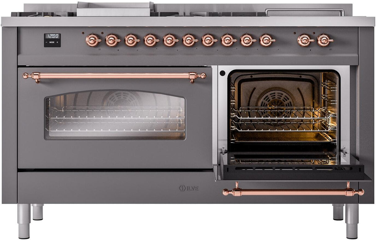 ILVE Nostalgie II 60-Inch Propane Gas Dual Fuel Range with 7 Burners, Griddle, & French Top with Triple Glass Door Oven in Matte Graphite with Copper Trim (UP60FSNMPMGPLP)