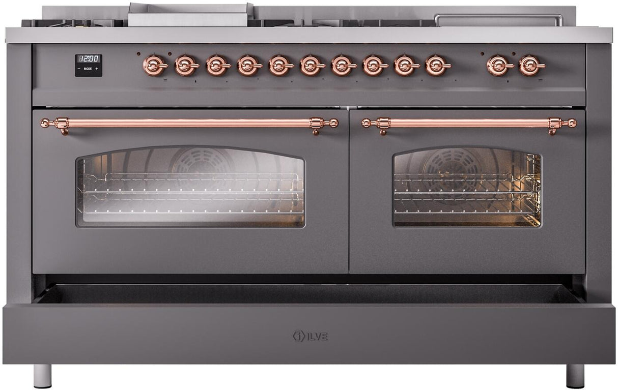 ILVE Nostalgie II 60-Inch Propane Gas Dual Fuel Range with 7 Burners, Griddle, & French Top with Triple Glass Door Oven in Matte Graphite with Copper Trim (UP60FSNMPMGPLP)