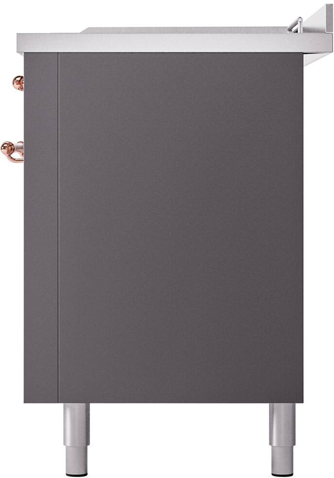 ILVE Nostalgie II 60-Inch Propane Gas Dual Fuel Range with 7 Burners, Griddle, & French Top with Triple Glass Door Oven in Matte Graphite with Copper Trim (UP60FSNMPMGPLP)