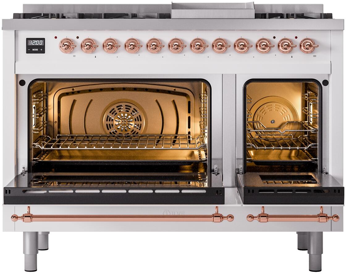 ILVE Nostalgie II 48-Inch Dual Fuel Freestanding Range in White with Copper Trim (UP48FNMPWHPLP)