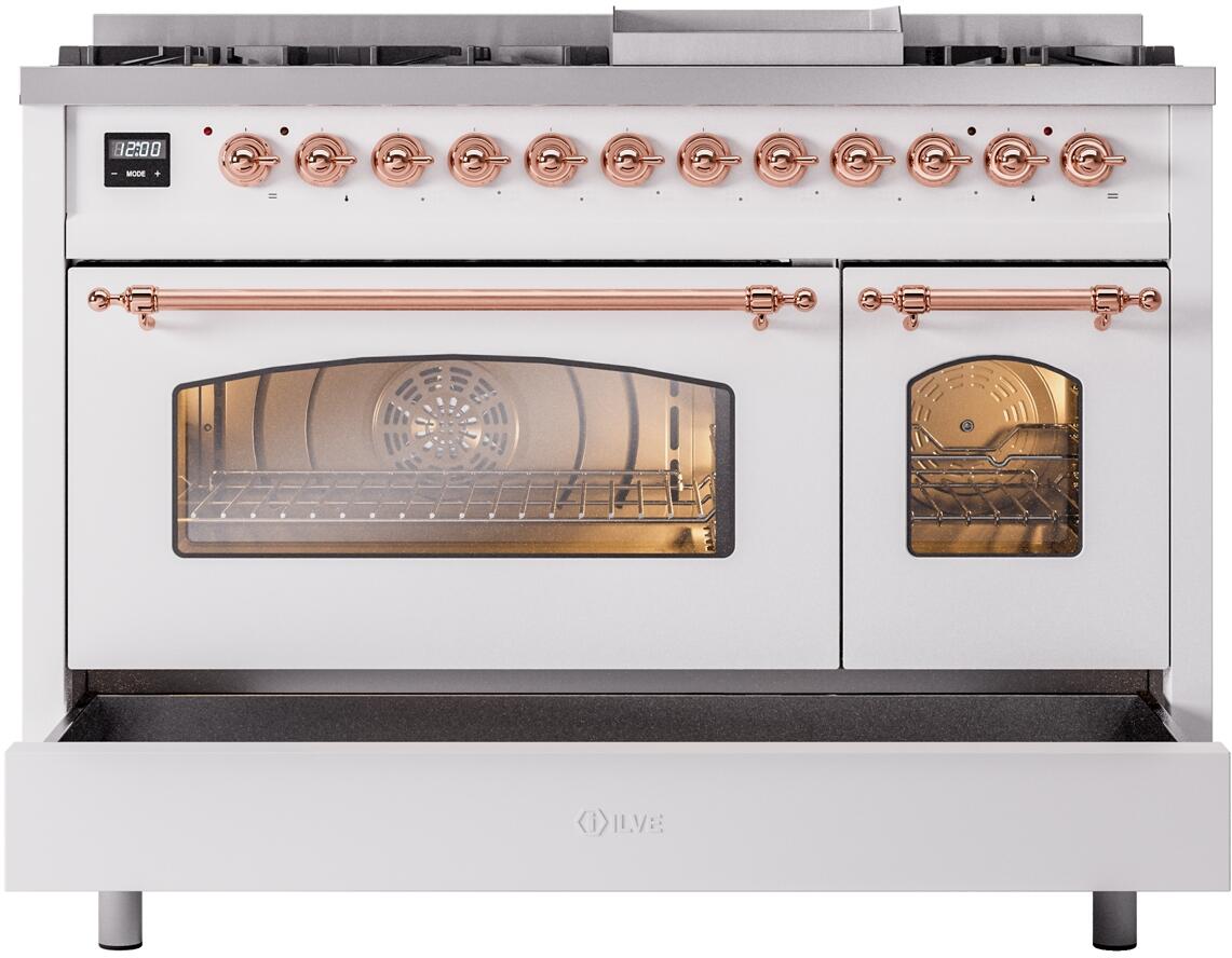 ILVE Nostalgie II 48-Inch Dual Fuel Freestanding Range in White with Copper Trim (UP48FNMPWHPLP)