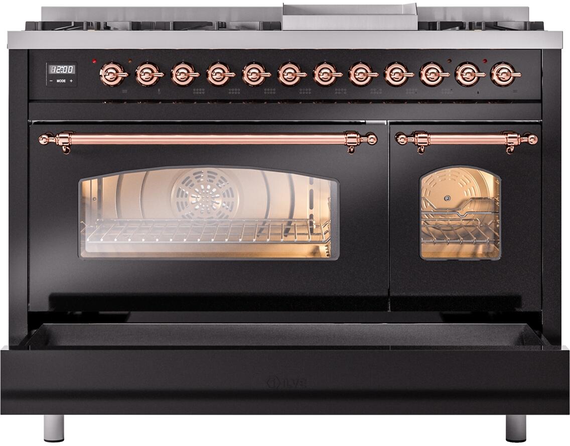 ILVE Nostalgie II 48-Inch Dual Fuel Freestanding Range in Glossy Black with Copper Trim (UP48FNMPBKPLP)