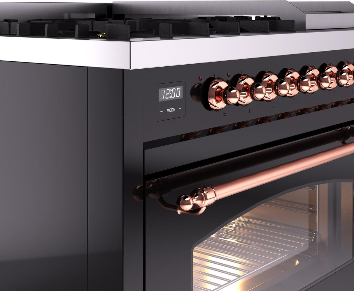 ILVE Nostalgie II 48-Inch Dual Fuel Freestanding Range in Glossy Black with Copper Trim (UP48FNMPBKPLP)