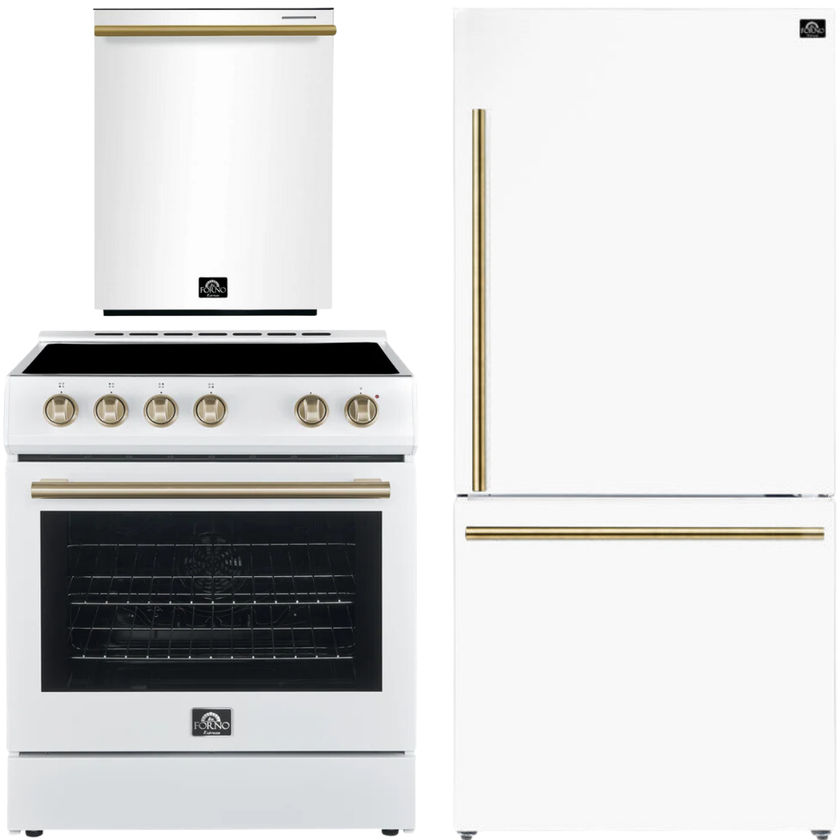 FORNO Espresso Package - 30" Electric Range, Refrigerator and Dishwasher in White with Antique Brass Handles
