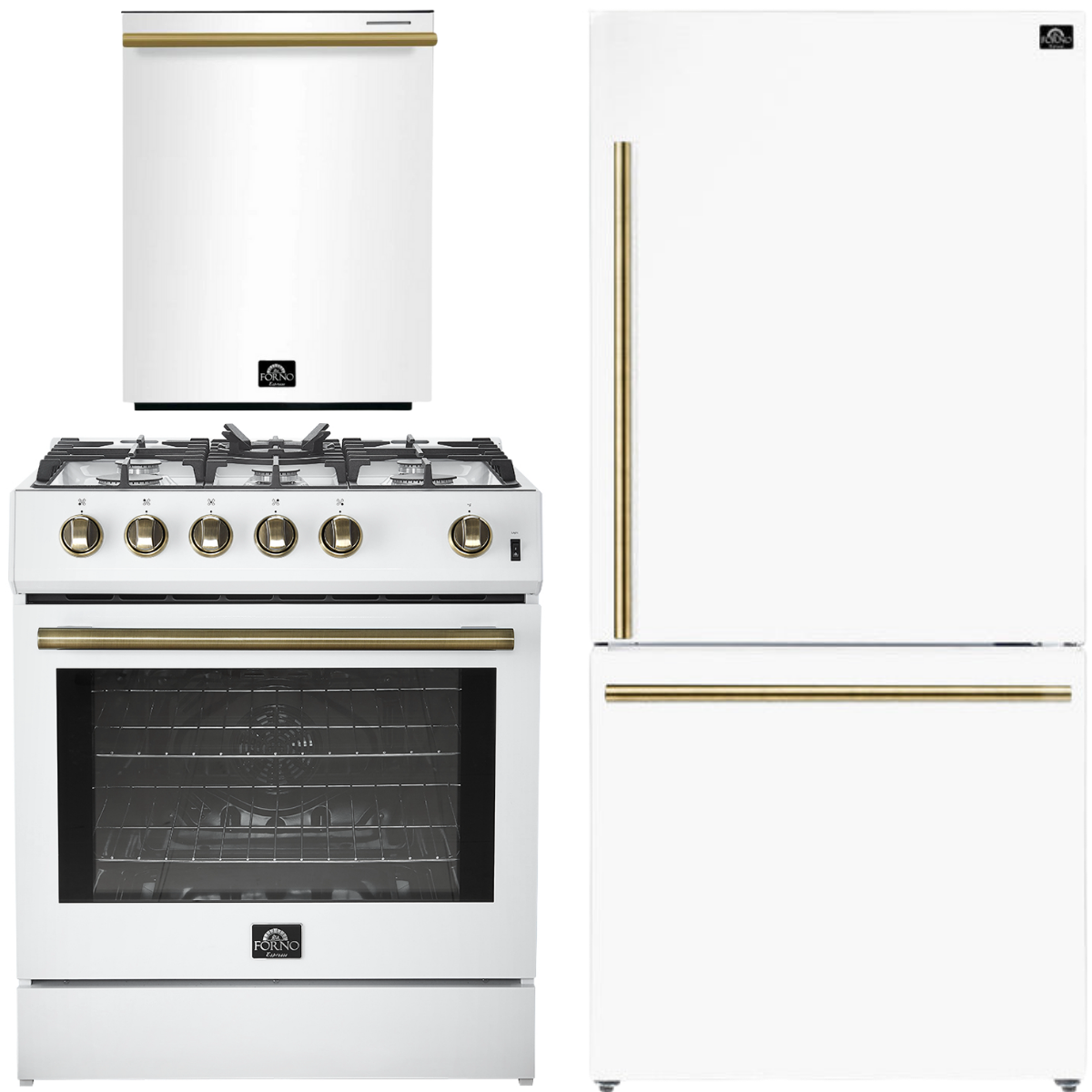 FORNO Espresso Package - 30" Gas Range, Refrigerator and Dishwasher in White with Antique Brass Handles