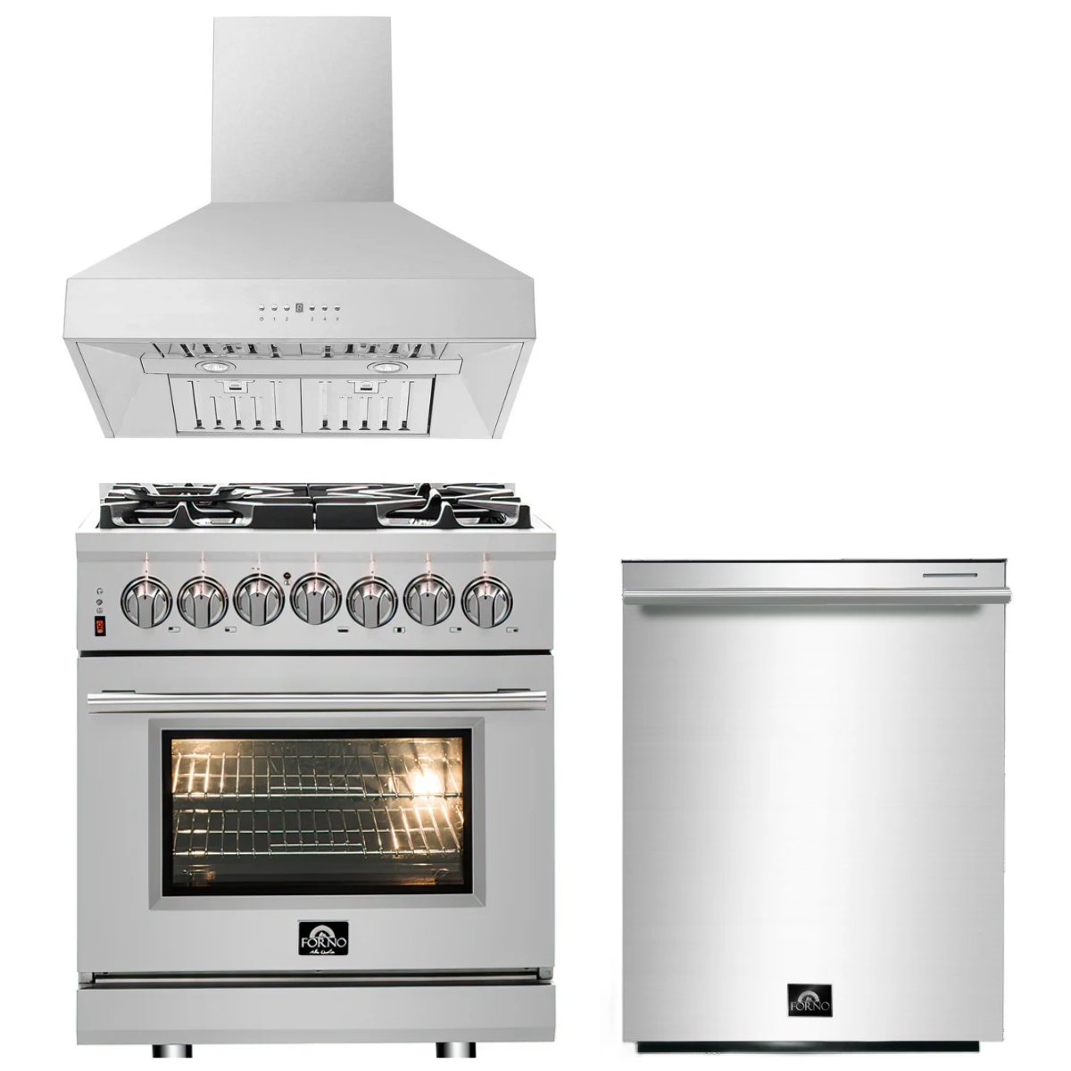 FORNO Appliance Package - 30" Dual Fuel Range, 30" Range Hood, Dishwasher, AP-FFSGS6125-30-W-2